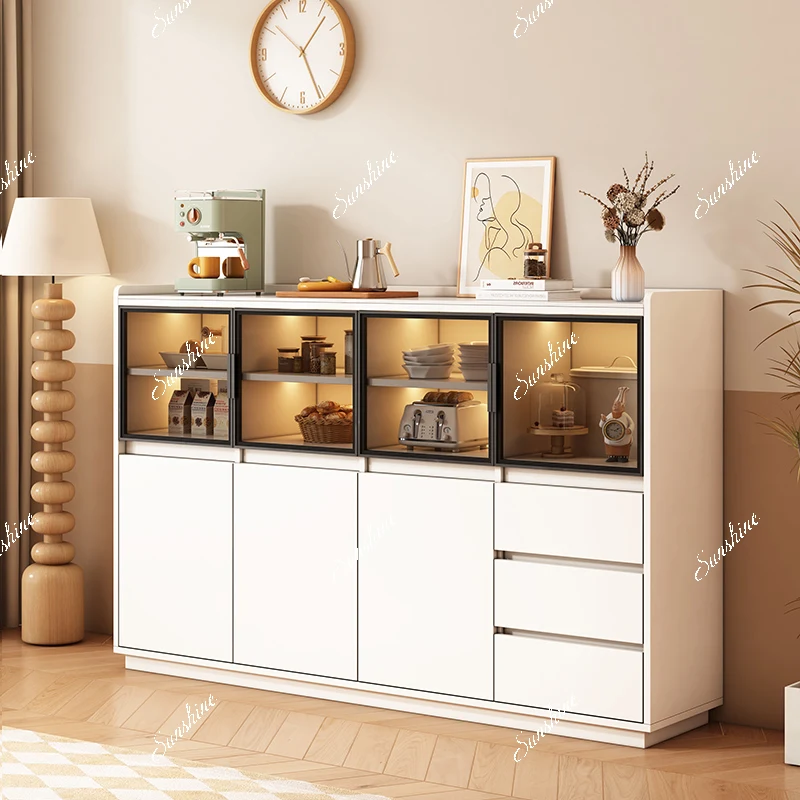 

rock slab dining side, integrated storage against the wall, solid wood living room, tea cabinet, light luxury and high-end sense