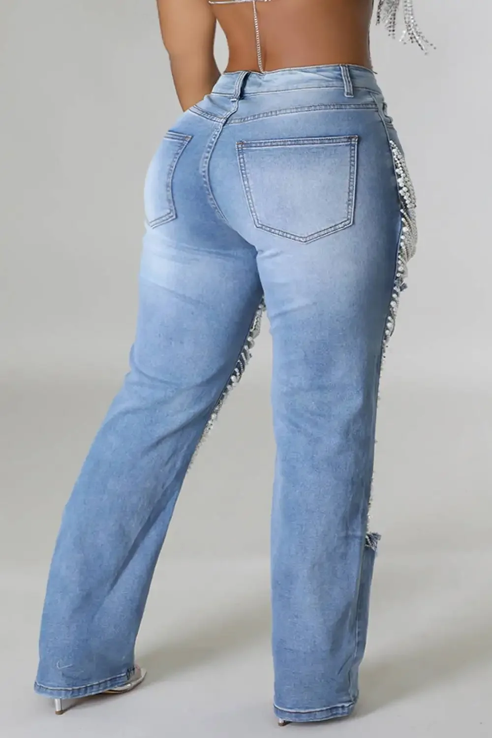 Plus Size Women Holes Pearls Jeans Casual Vintage Cutout High Waist Y2K High Street Denim Pants Pockets Slim Denim Trousers