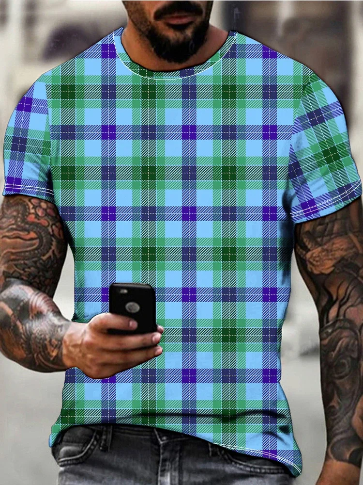 

Hawaiian Beach Party T-shirt Blue Plaid 3D Digital Printing Round Neck Short Sleeve T-shirt Refreshing and Fashionable T-shirt