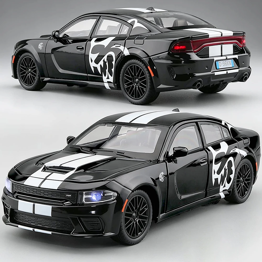 1:24 Charger Hellcat Miniature Model Sports Car Toys Alloy Diecast Doors Opened Pull Back Sound Light Home Decoration Supercars