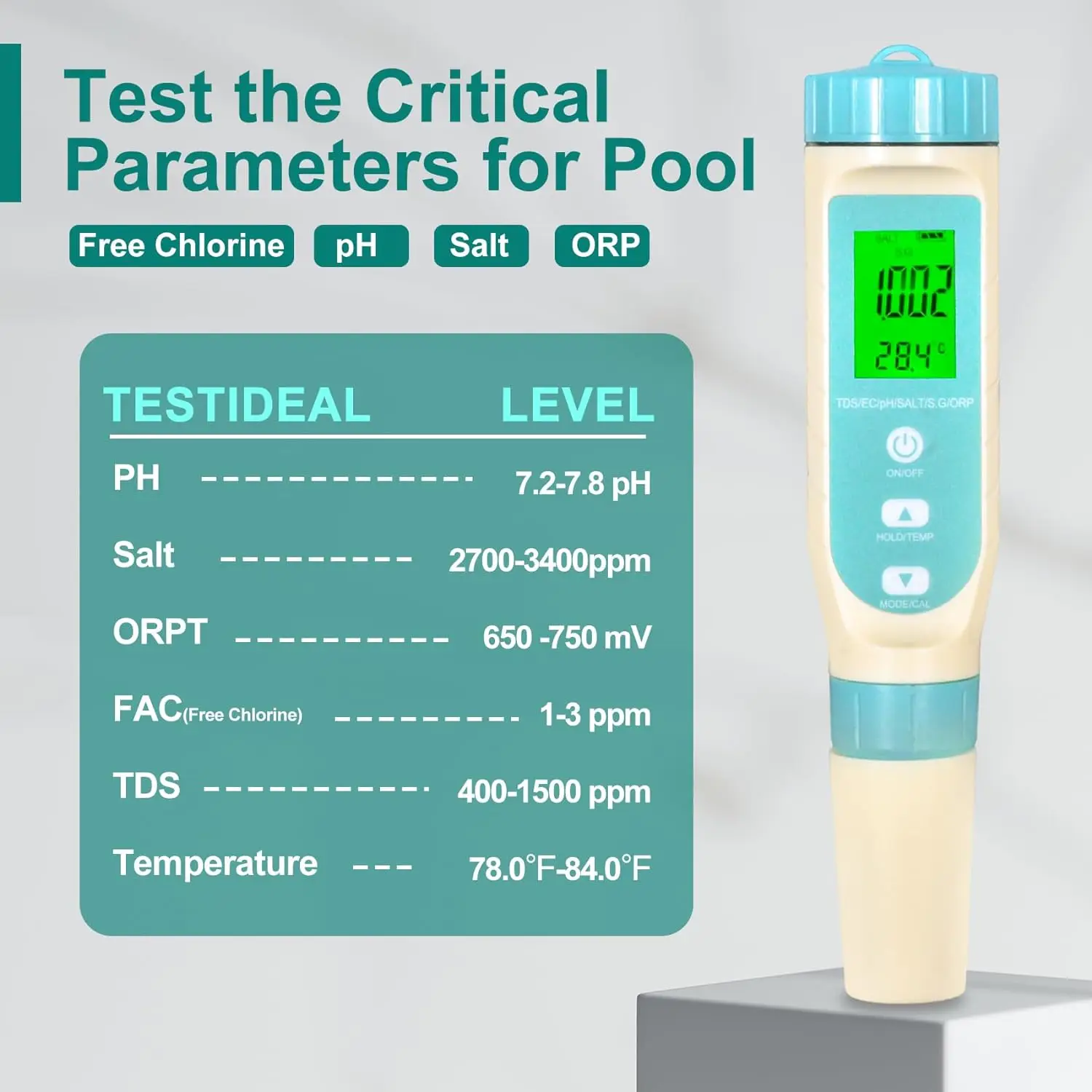 Testeur d'eau de piscine numérique 7 en 1, combo gratuit, ine, pH, TDS, sel, ORP, S.G-Essential, moniteur de qualité de l'eau