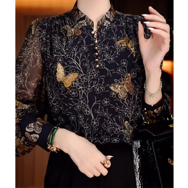 Women Vintage Stylish Butterfly Print Blouse Korean Stand Collar Commute Shirt Elegant Long Sleeve Loose Tops Blusas Para Mujer