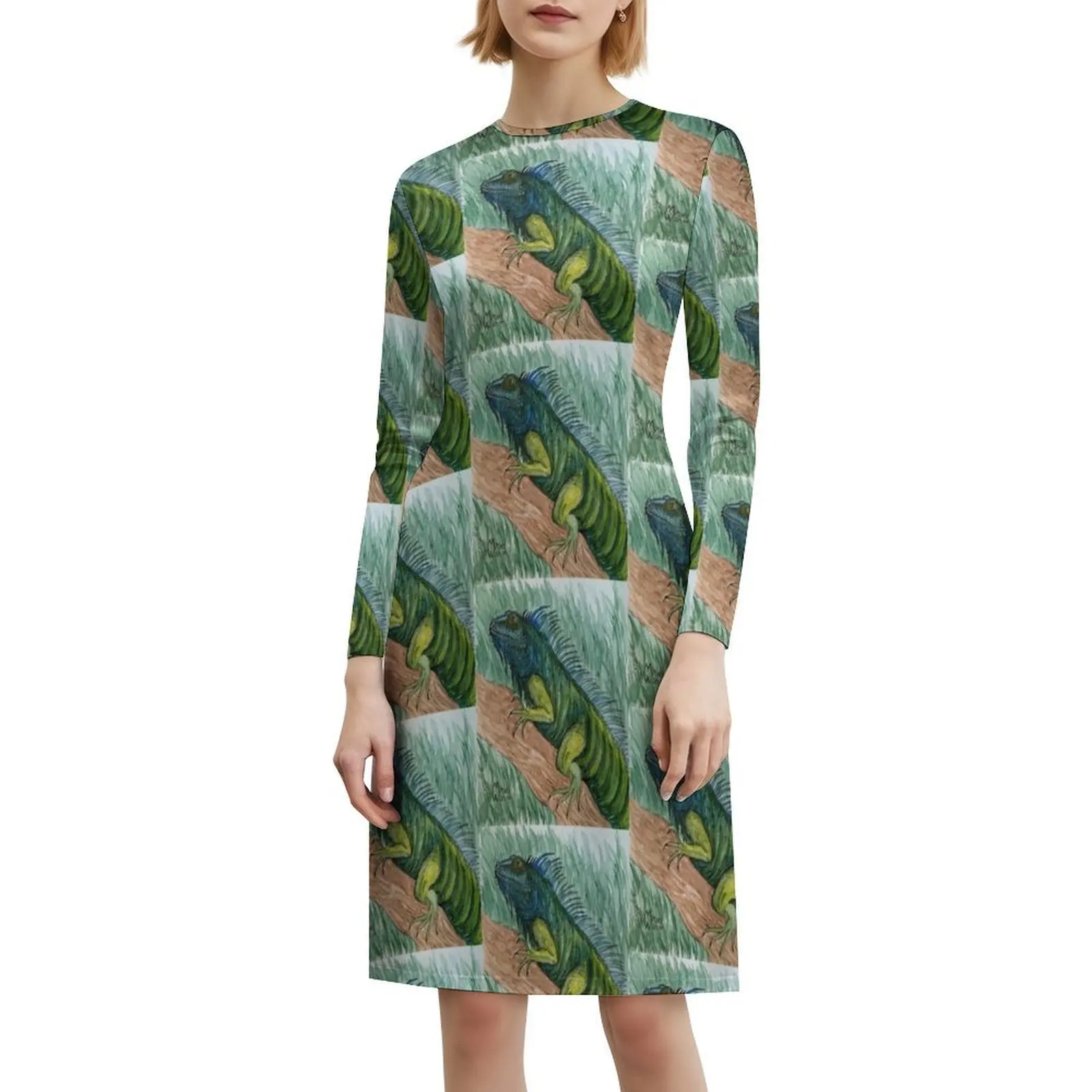 فستان بوهيمي عتيق من Iguana الاستوائي بأكمام منتفخة أو خيارات بدون أكمام للنساء فستان Mattstarr Iguana Lizard حيوانات الزواحف #6