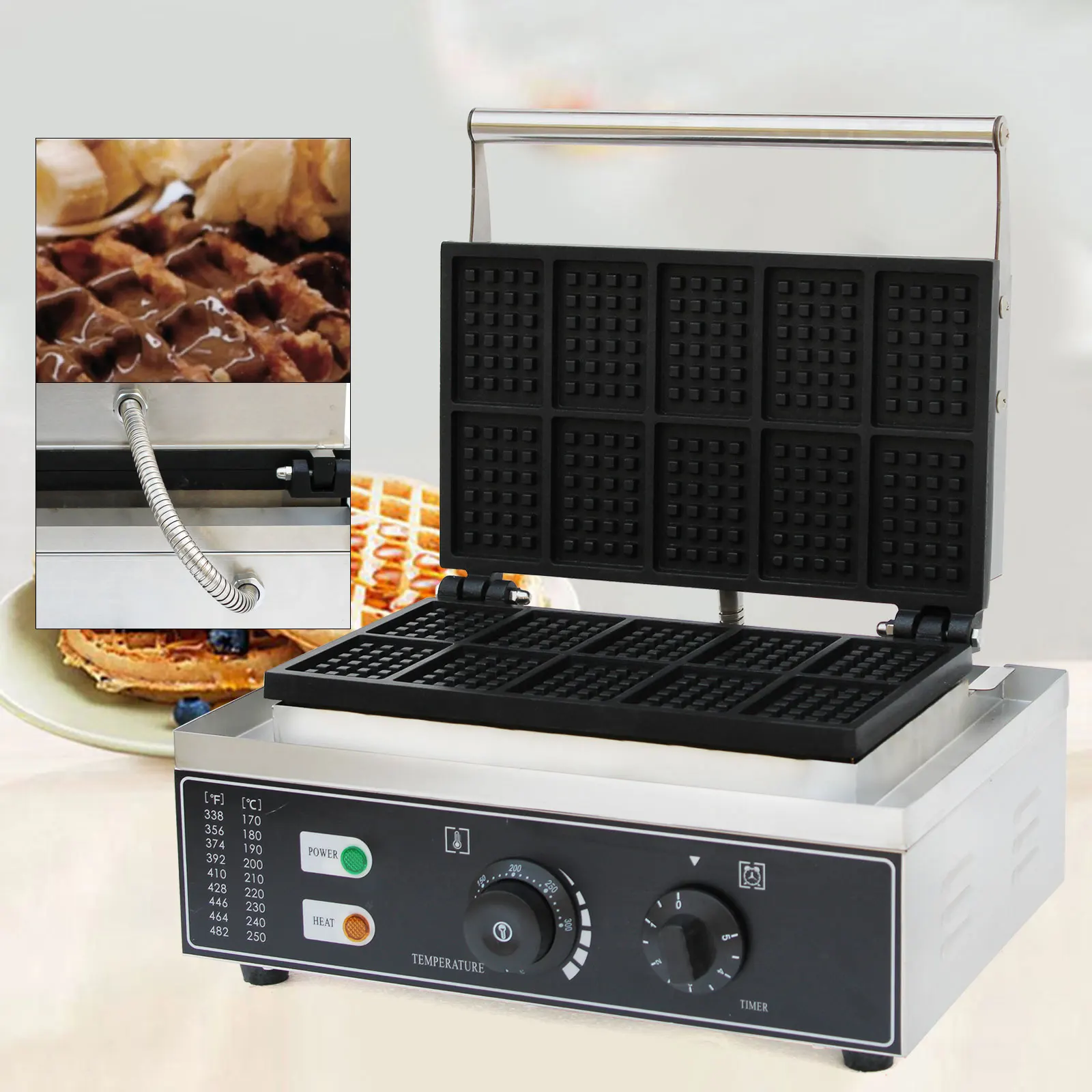 Waffeleisen mit 10 Gittern, 1550 W, elektrischer belgischer Waffeleisen, Edelstahl-Blasen-Ei-Waffelmaschine für Restaurantbäckerei