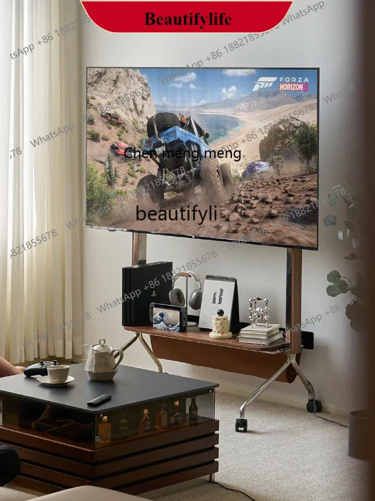 

G153 Minimalist Creative TV Bracket Movable Black Walnut Hidden Line Shelf Floor Stainless Steel Living Room Bedroom with Wheels