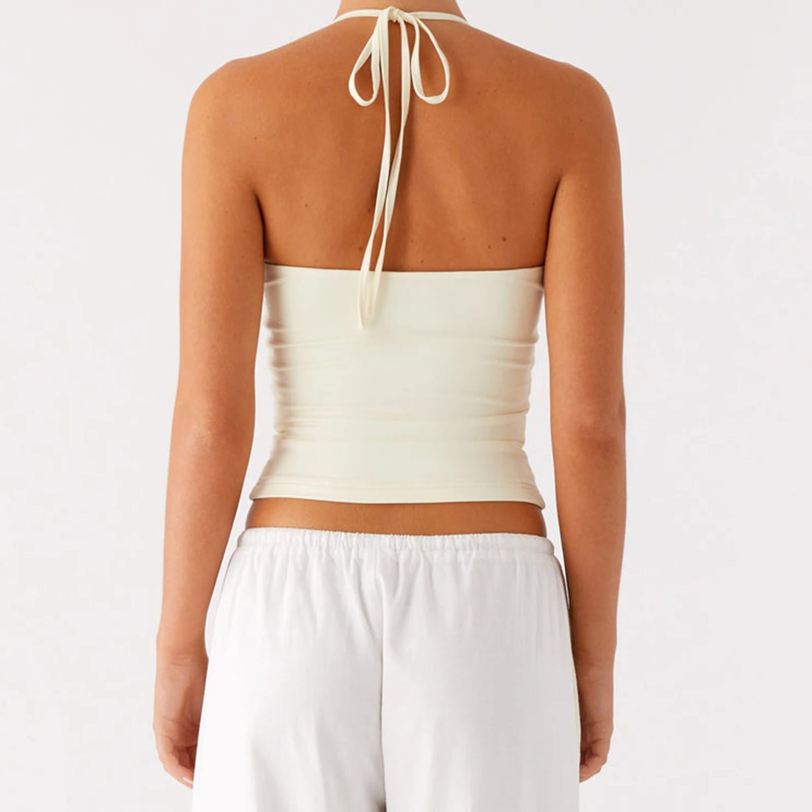 คอมบะซากิผู้หญิงฤดูร้อนลูกปัดผูกเชือกคอสี่เหลี่ยมสลิมฟิตเสื้อครอปสีทึบเสื้อแขนกุดสตรีทแวร์