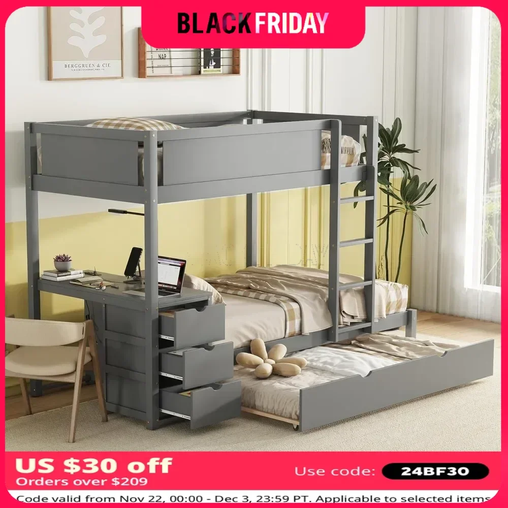 Bunk Bed ,Twin Size Trundle, with USB Ports, Storage and Desk,Twin,Beds Frame,Solid Wood Bunk Beds