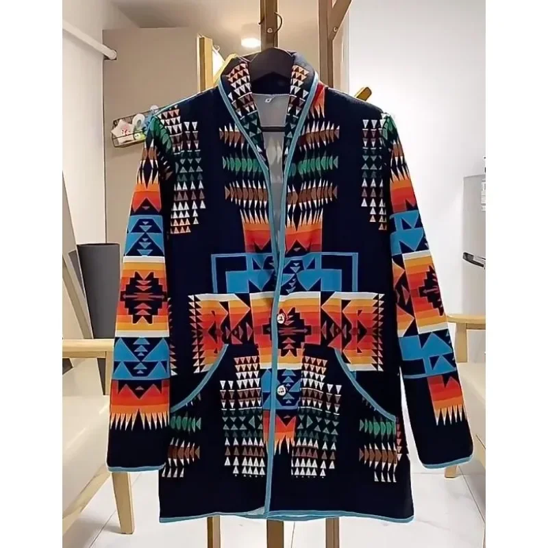 Mens Jackets And Coats Ins Spring/Autumn Printing Fashion Jacket Geometric Turn-down Collar Single Breasted Woolen Oversized Men