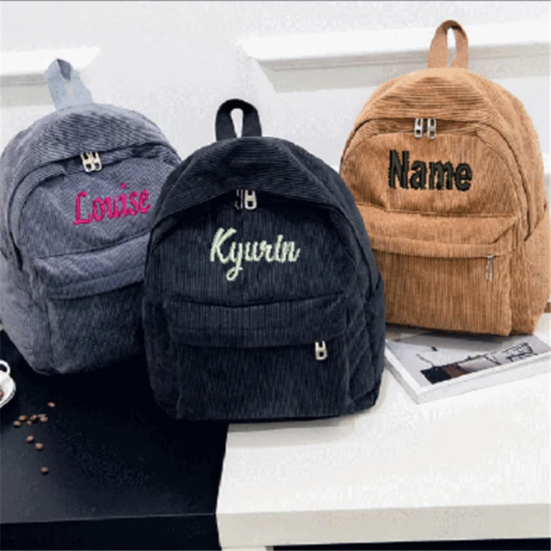 Personalized Embroidered Corduroy Travel Bag Student Backpack Custom Your Name Large Capacity Schoolbag for Student and Adult