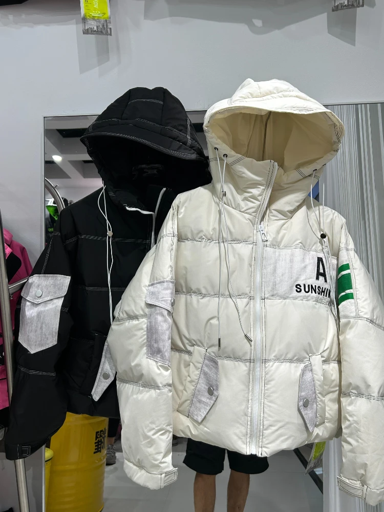 Kurze Daunenjacke für Damen, 2025, Winter, neue Denim-Nähte, modisch, verdickt, warm, weiße Ente, Puffer-Mantel, Kapuzen-Parkas, Oberbekleidung