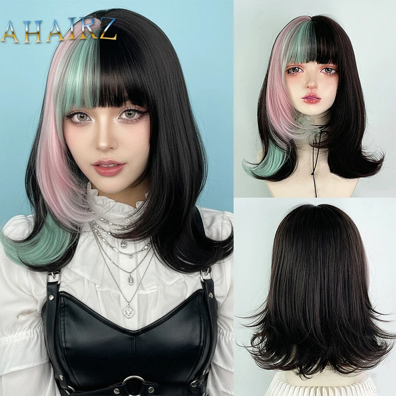 

Синтетический коричневый смешанный розовый парик, короткий волнистый парик с зеленой челкой для женщин, парик Лолиты для косплея для повседневной вечеринки