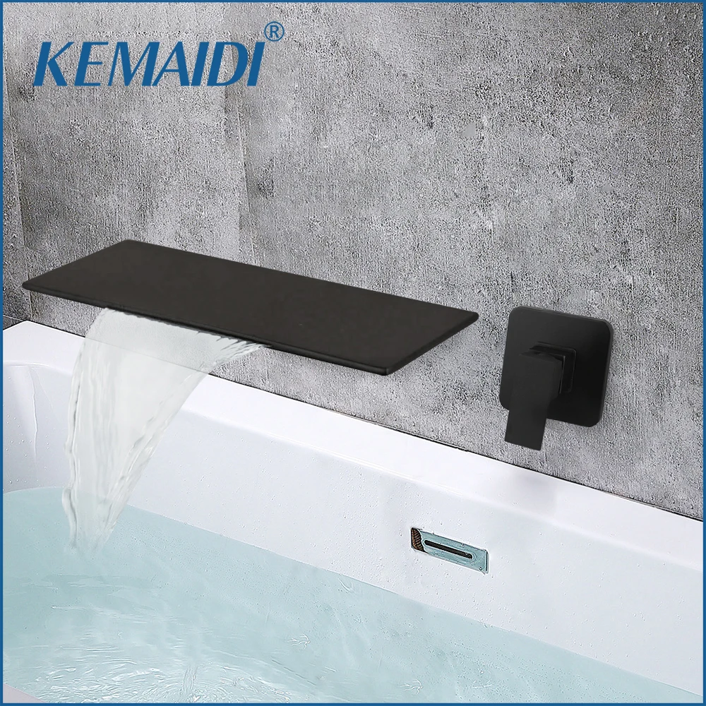 KEMAIDI Matte Black Bathtub Faucet Waterfall Spout Wall Mounted Bath Washbasin Faucets Bathroom Basin Sink Solid Brass Mixer Tap