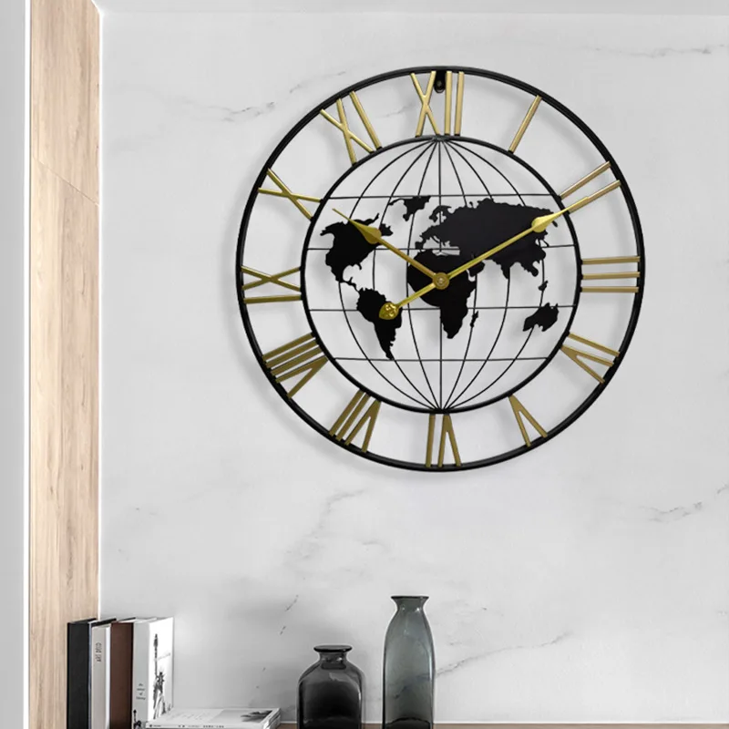 Iron Art Circular Office Clock Hot Selling Creative Map Personalized Silent Wall Watch Manufacturer Direct Sales