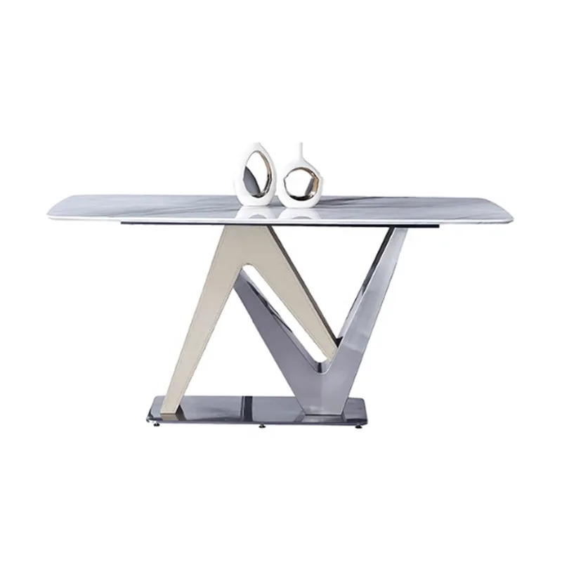 

Italian light luxury rock slab dining table rectangular high-end villa dining table high-end stainless steel table