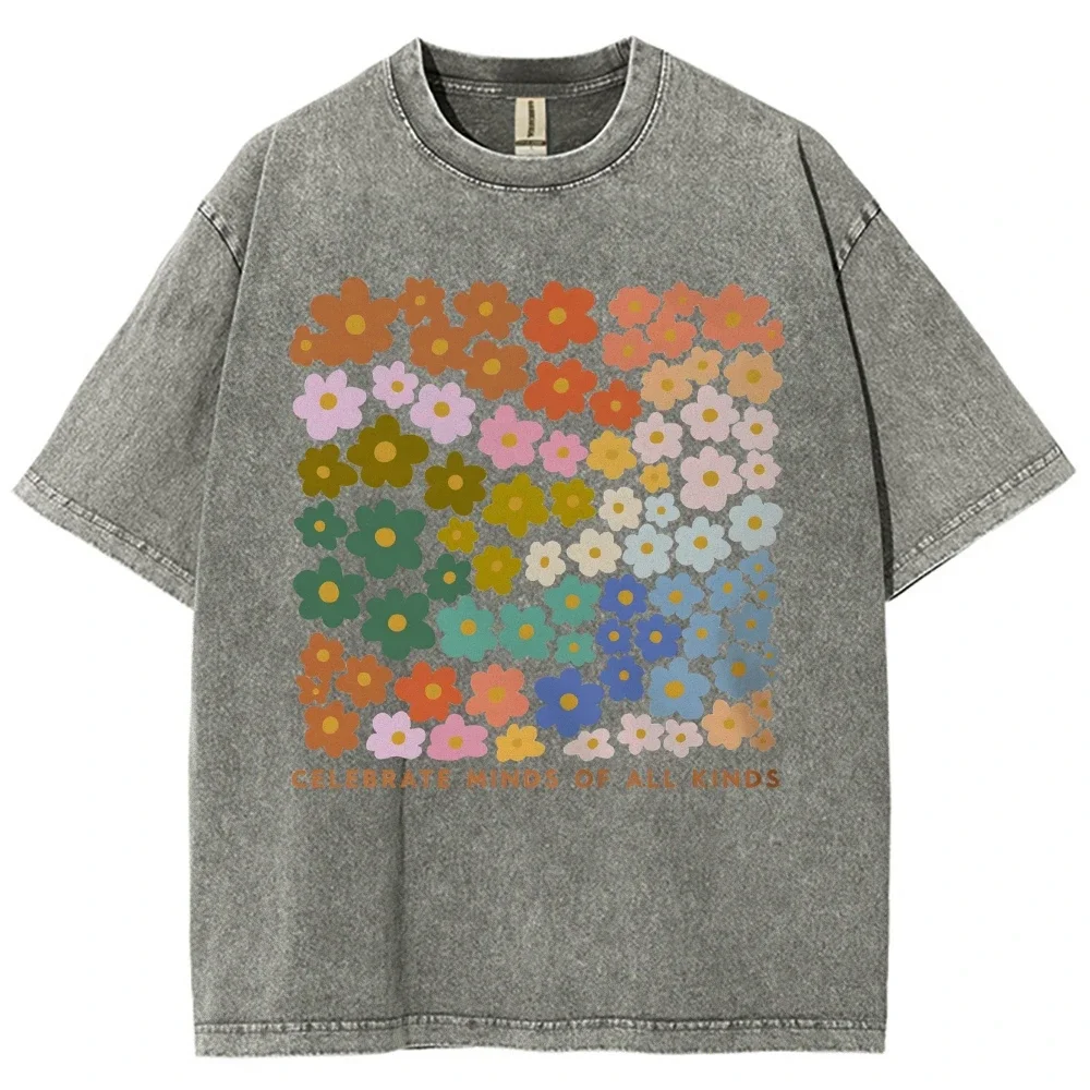 Colorful flower pattern T-shirt retro water wash vintage men's and women's clothing high-quality casual short sleeve