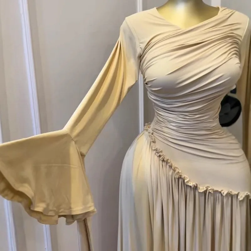 HKSH Frühling Herbst Neue Frauen Kleid Asymmetrische Plissee Oansatz Langen Ärmeln Taille Cinching Slim Fit Elegante Trendy Kleider HK17215