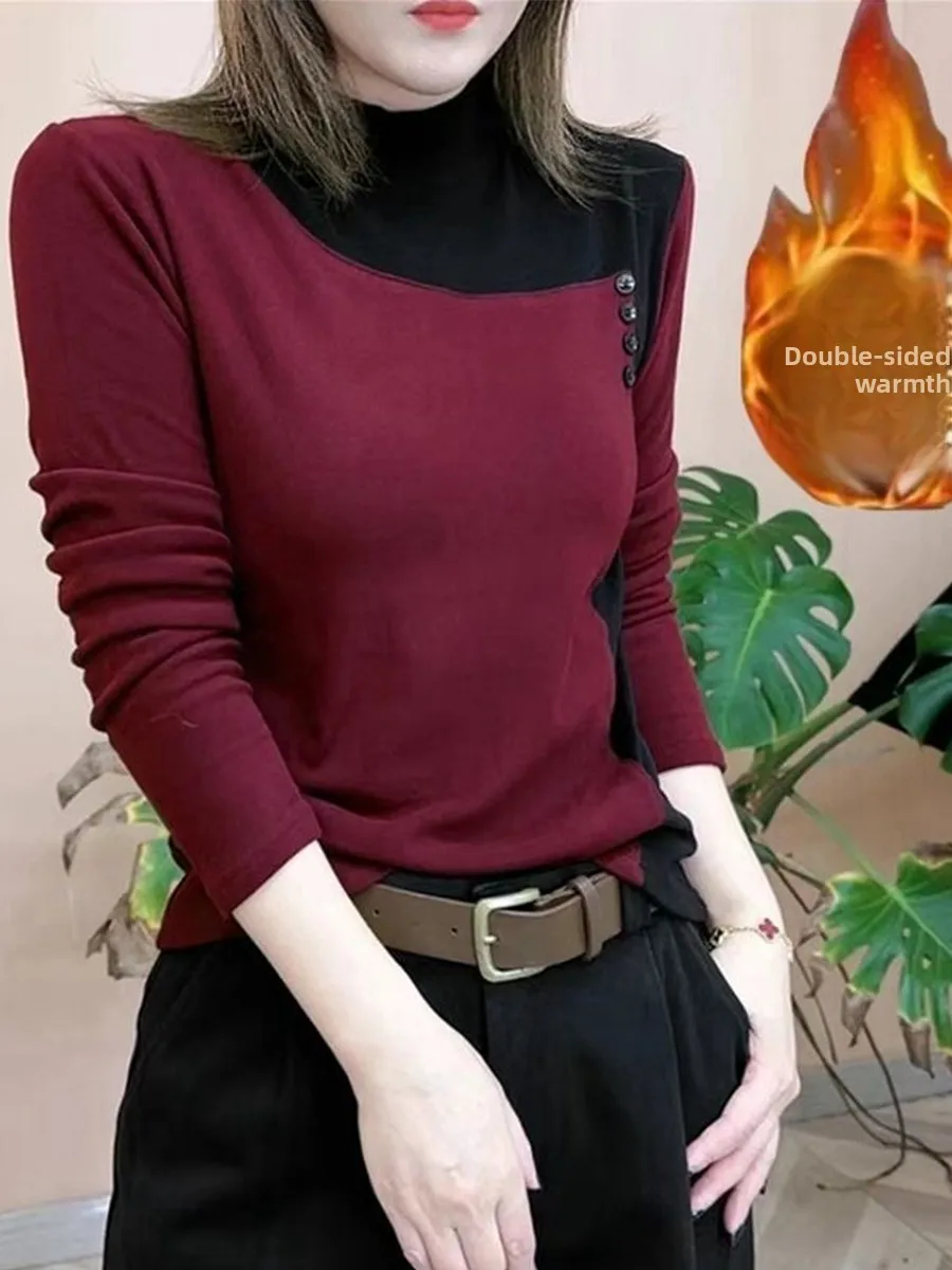Fashionable Fleece Lined Long Sleeve High Collar Slim Fit Base Shirt Color Block Button Autumn Winter Top Women's T-shirt