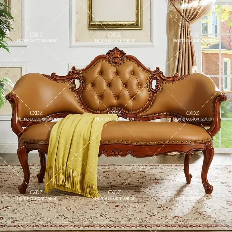 All Solid Wood Leather Chair Carved Living Room Sofa Armchair Recliner Leisure Negotiation Seat Bedside Stool