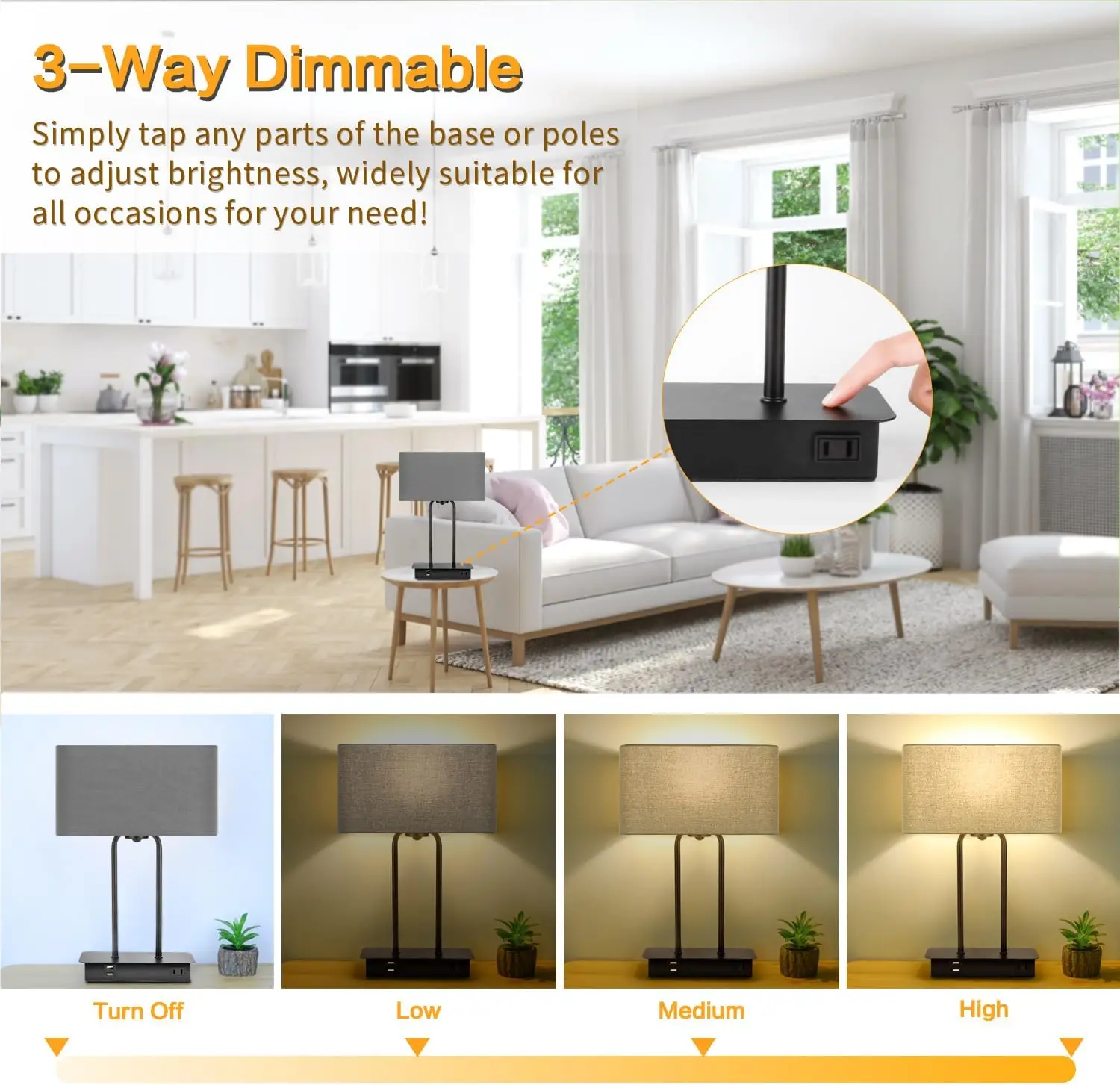 3-Way Dimmable Touch Table Lamp with USB & AC Outlet, Fabric Shade, Metal Base, LED Included, Warm White