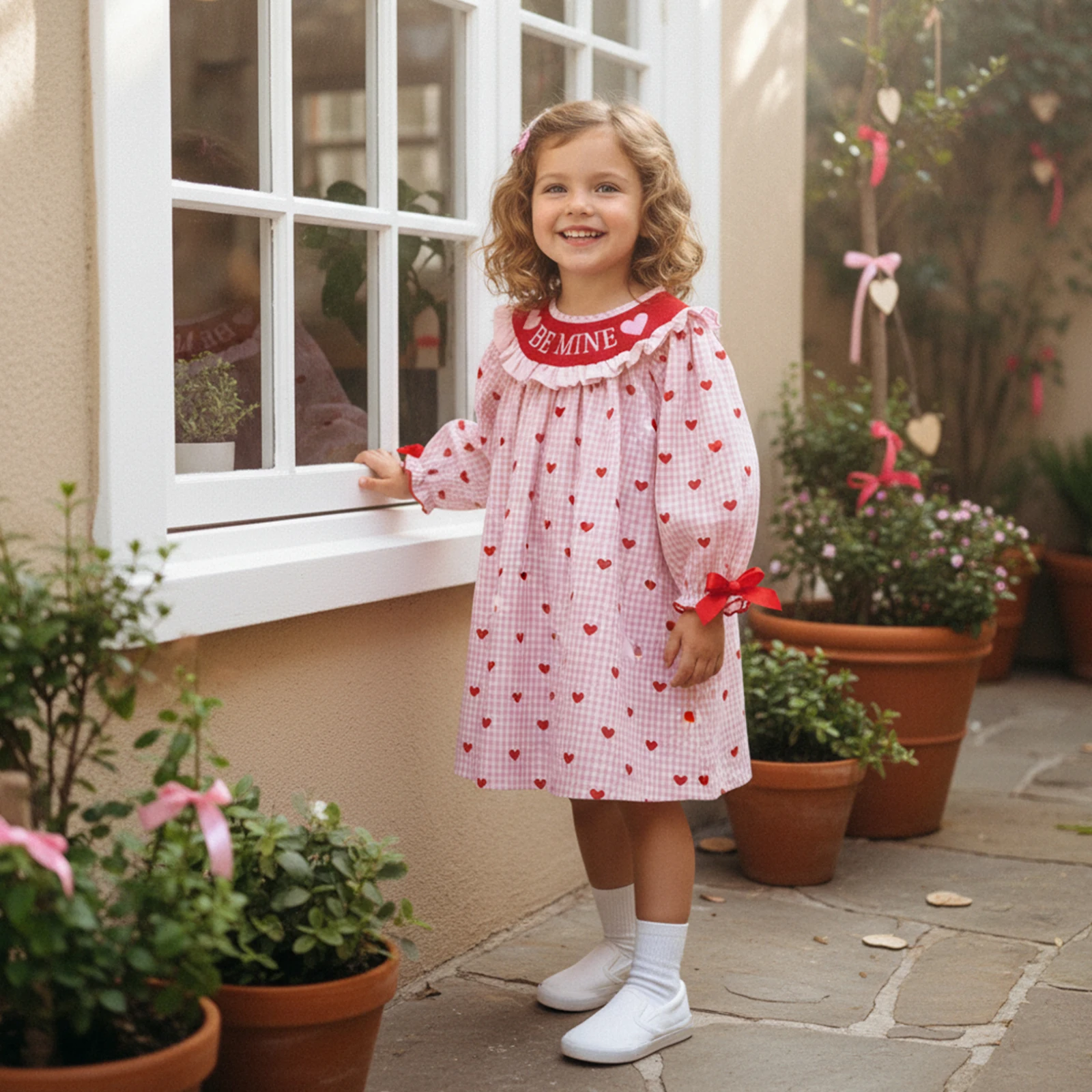 Kids Girls Valentine's Day Dress, Long Sleeve Crew Neck Heart Letter Embroidery Plaid Dress Spring Fall A-line Dress
