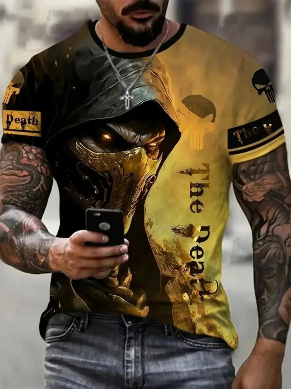 Horror Death Summer Men's Breathable Round Neck T-shirt Skull Print Halloween Street Hip Hop Casual Outdoor Top