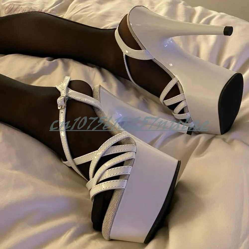 Shiny Leather White Cross Tied Hollow Sandals 15cm Stiletto High Heel Shoes for Women Fashion Party Ankle Buckle Hot Girls