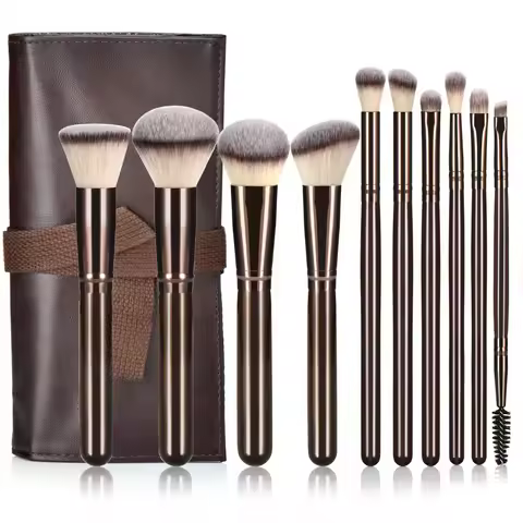 Conjunto de 10 Pincéis de Maquiagem para Base, Pó, Blush, Corretivo e Sombra, Kit Cosmético Profissional com Estojo de Viagem para Mulheres e Meninas