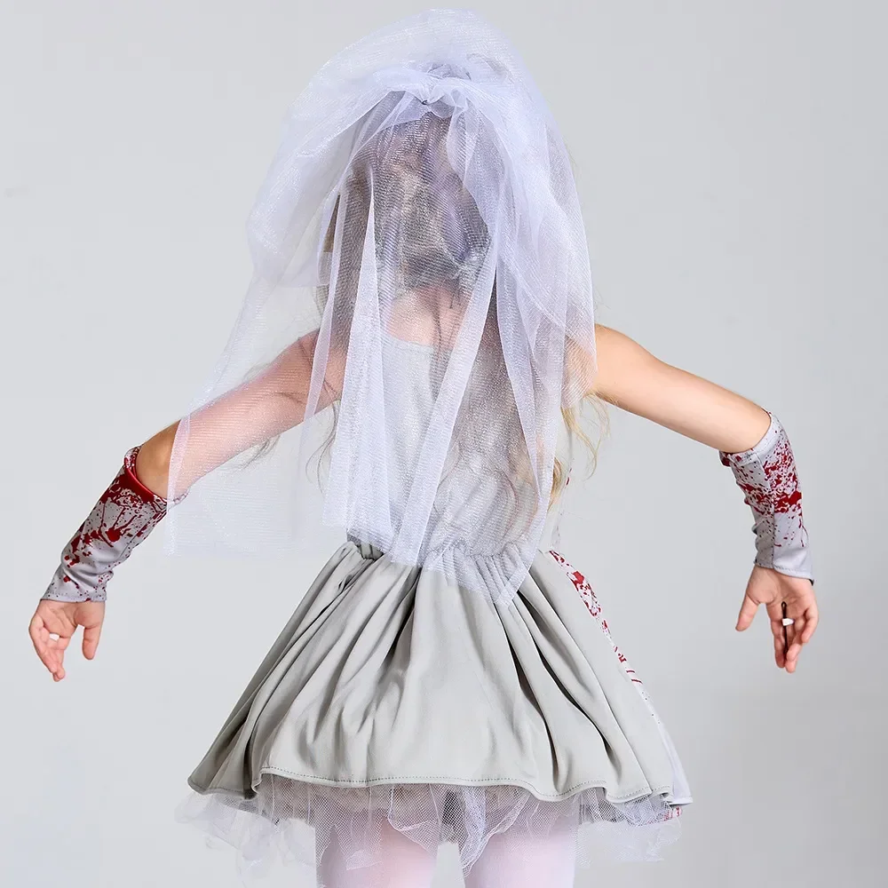 Halloween Corpse Bride Scary Girls Cosplay Costume Horror Gray Bloodstain Wedding Dress Makeup Dance Suspender Dress