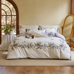 100% Soft Cotton Brushed 4Pcs Rose Floral Chic Vibrant Queen Double Duvet Cover with Zipper Flat/Fitted sheet Pillowcases