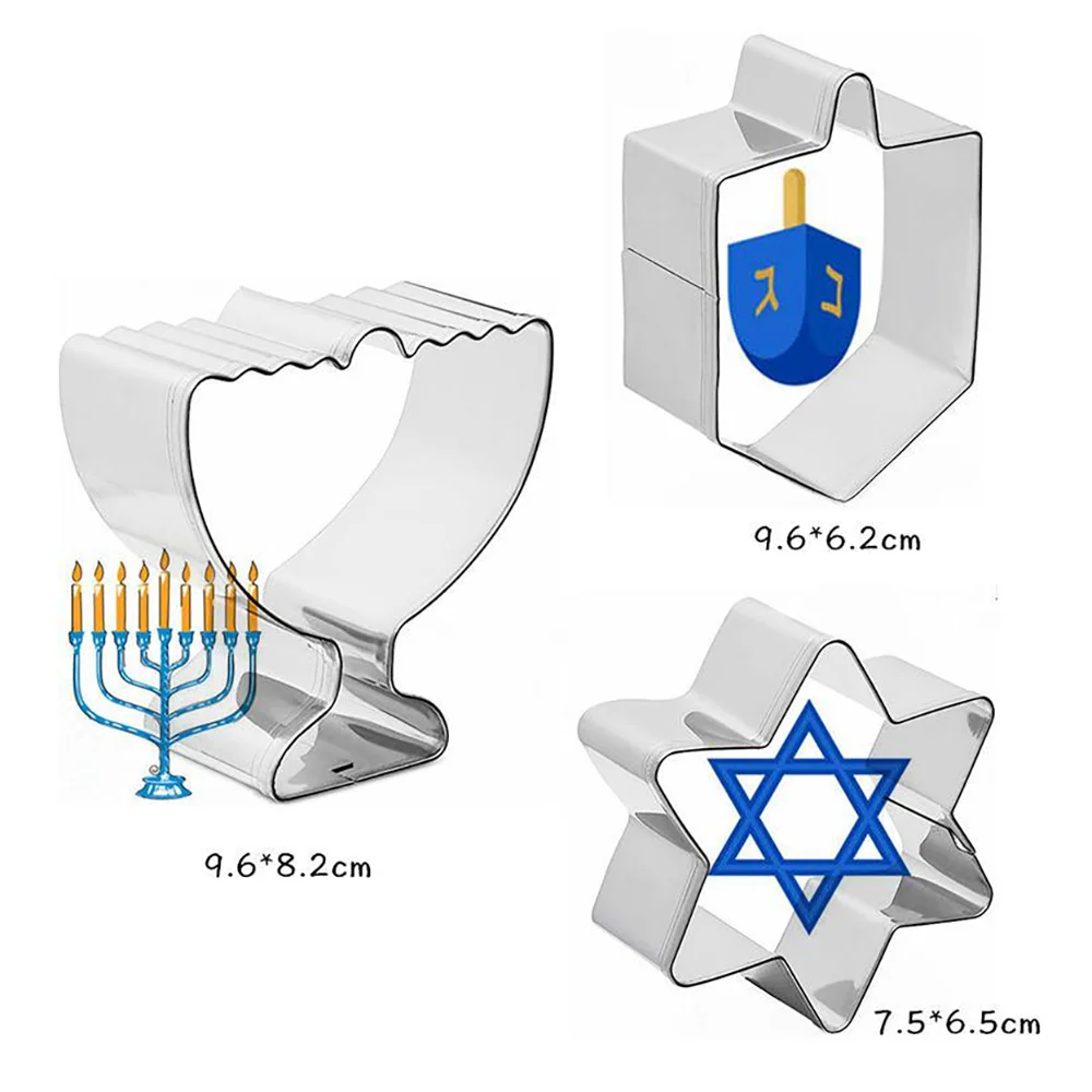 3Pcs Hanukkah Cookie Cutters Star of David Dreidel Menorah Jewish Holiday Kitchen Accessory Baking Supply Hanukkah Party Cookies