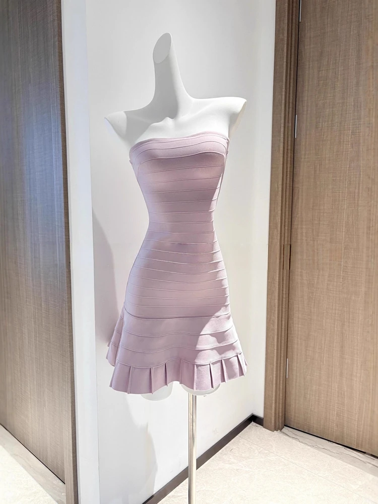 

Sweet Sister Lavender A-Line Puffy Skirt Dress Highlighting White Striped High Waist Knitted Fabric Zipper Style Fashionable ...