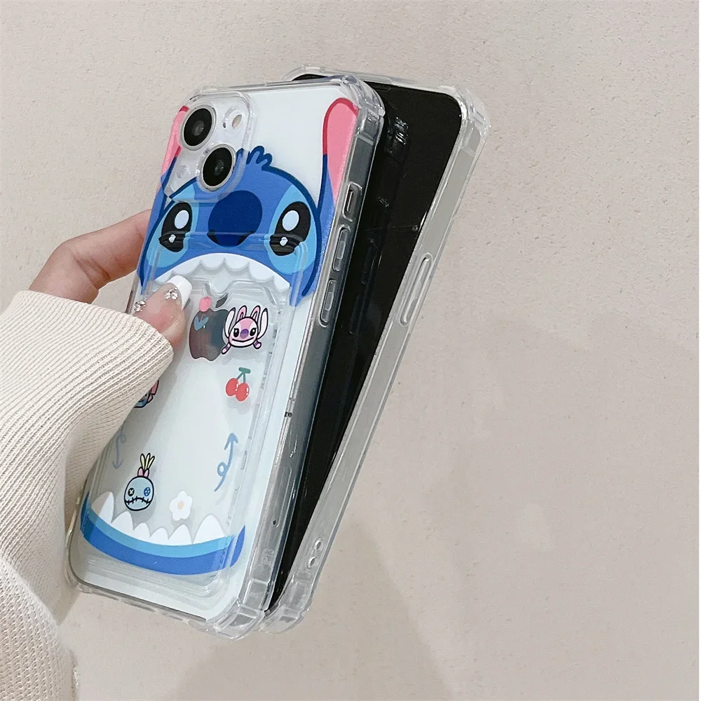 Cute Cartoon Anime Stitchs custodia per carte per iPhone 16 15 14 13 12 11 Mini Pro Max X XR XSMax 7 8 Plus SE Cover trasparente Anti-caduta