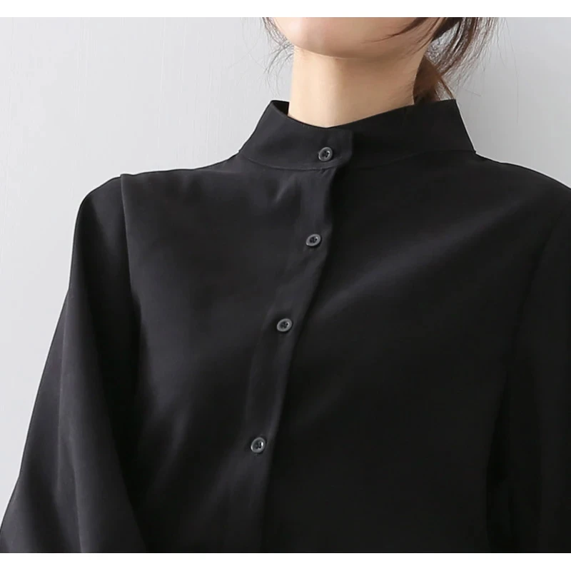 Big Lantern Sleeve Blouse Women Spring Autumn  Single Breasted Stand Collar Shirts Office Work Blouse Solid Vintage Blouse Shirt