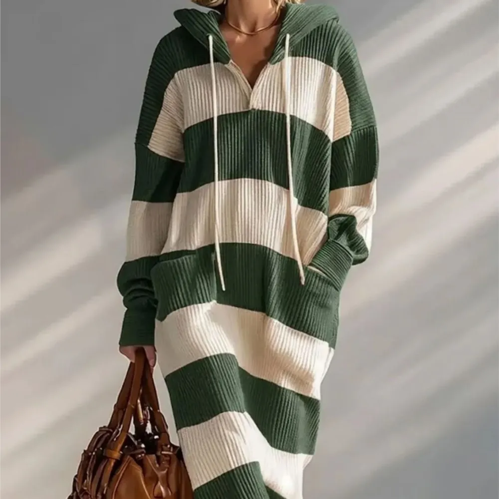 Contrasting Color Fashion Pullover Dress Simple Suitable Autumn Winter Loose Long-sleeved With Pockets Hooded Design Dresses