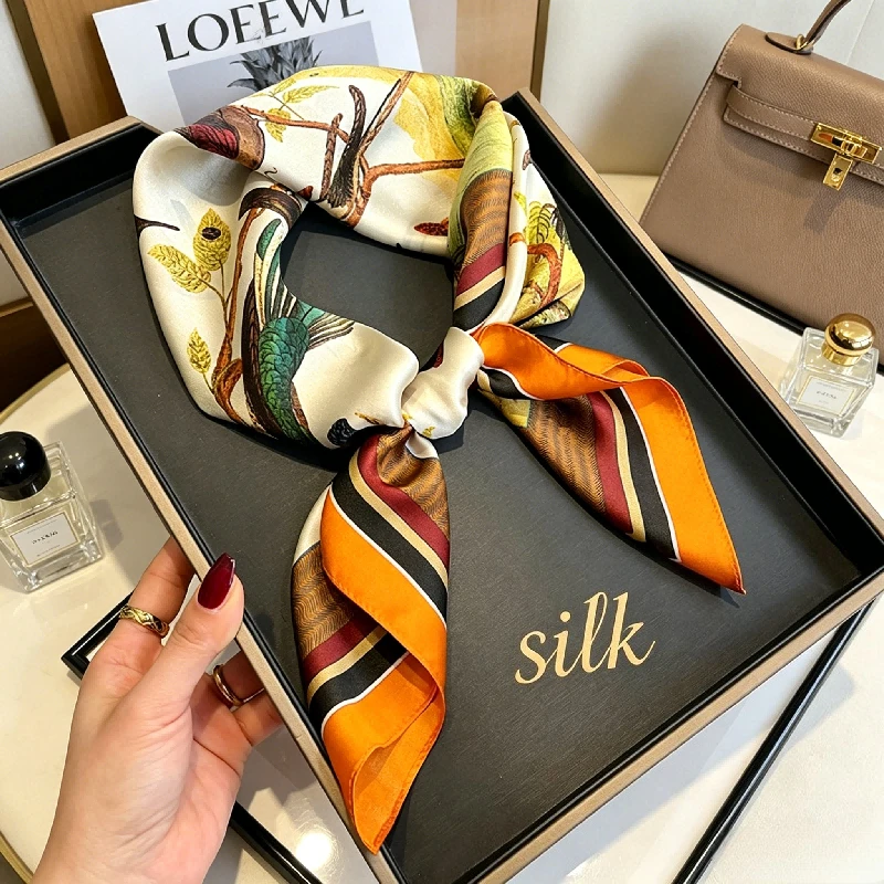 Thin Birds Contend Painting Orange Curled Edge 70cm Mulberry Silk Silk Scarf Large Square Scarf Women's Sunscreen Shawl
