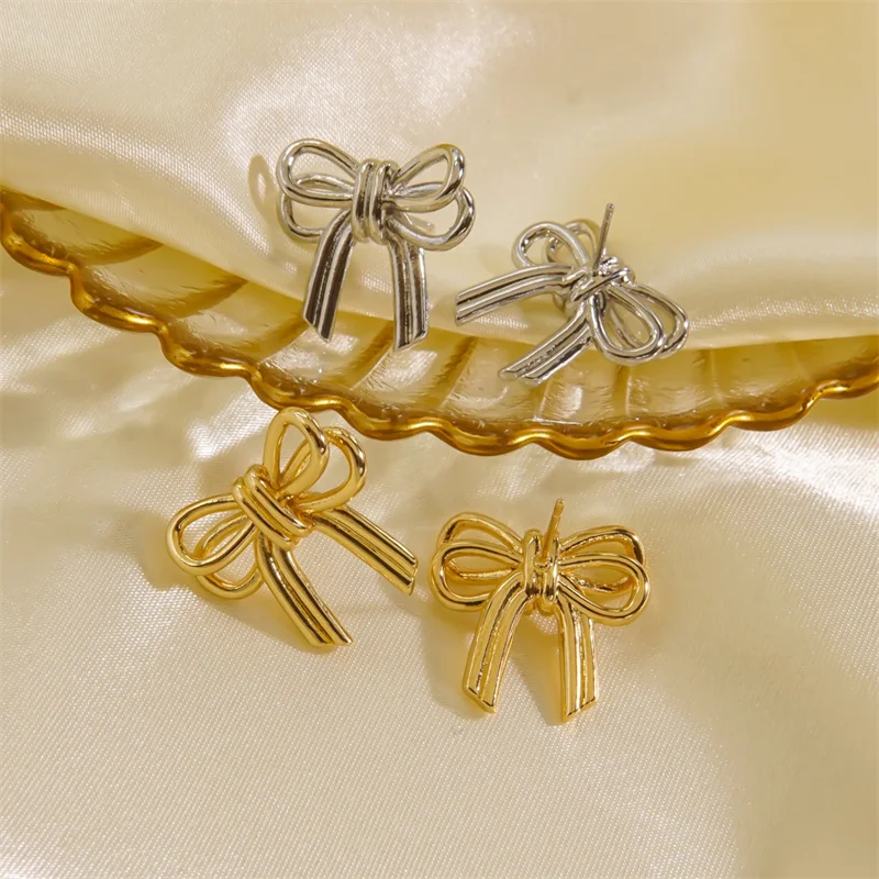 Vintage Double Bowknots Stud Earrings for Women Classic Gold Color Twisted Bow Earring Piercing 2024 Trendy Cute Jewelry Gifts