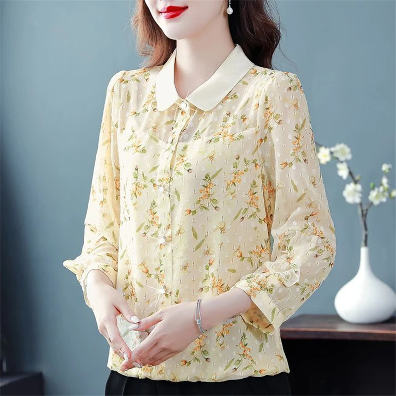 Women Clothes Ruffle Floral Print Elegant Button Up Shirt Summer Korean Fashion Long Sleeve Blouse Chic Slim Tops Female Blusas