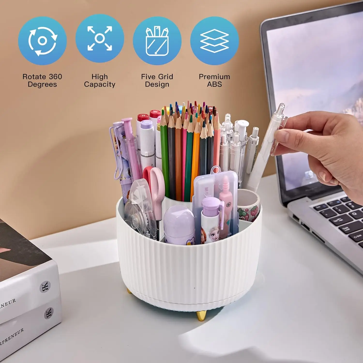 360° Rotating Pen Holder Desk Stationary Organizer Box 5 Slot Pink Office Kawaii Storage for Desktop Organizers Office Supplies