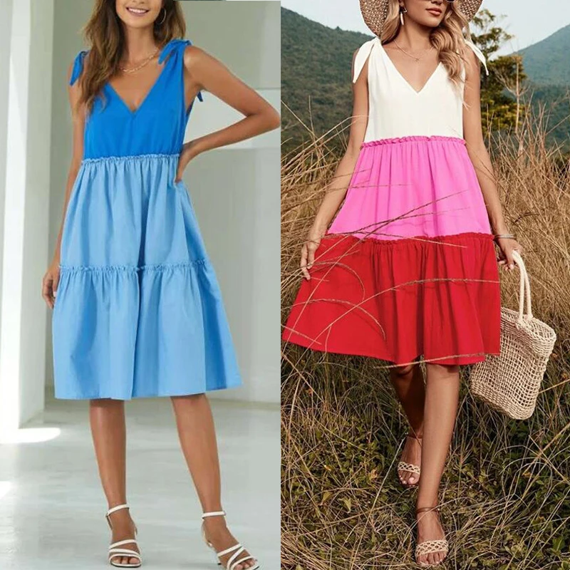 

A232 Summer Three-color Splicing Big Swing Holiday Dress Sweet Matching Color Vs Neck Loose Casual Cake Dress