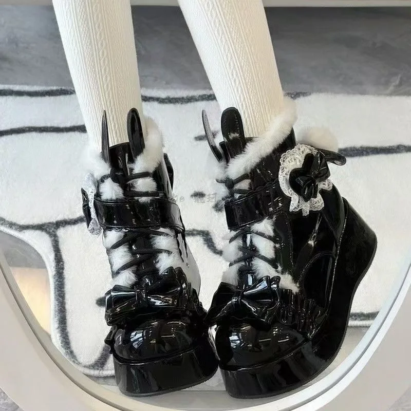 

Lovely Girls Lolita Winter Ankle Snow Boots,Plush Warm Hairball Bowknots Wedge Heel Heightening Platform Shoes