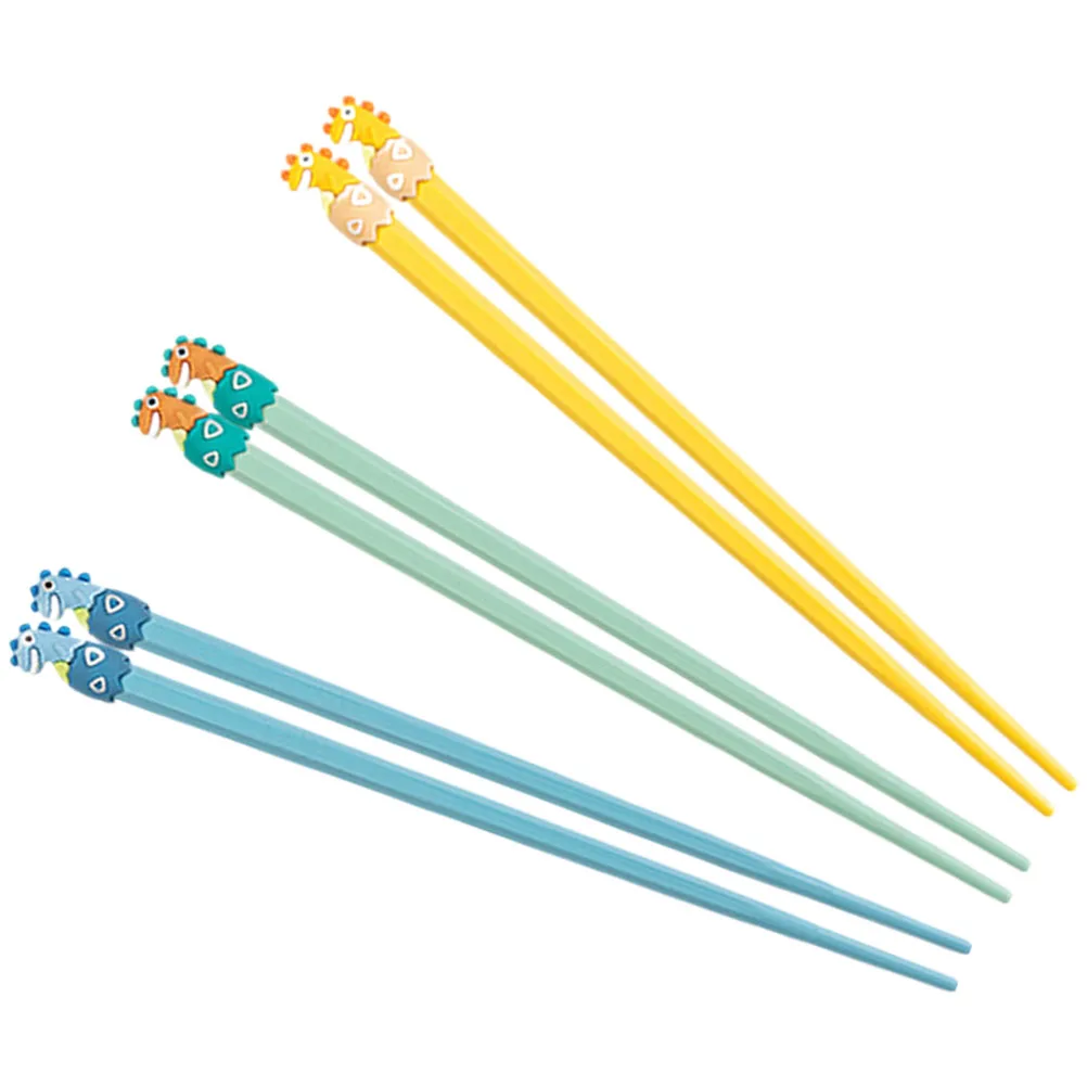 

3 Pairs Cartoon Chopsticks Yellow Blue Dino Reusable Serving Home Accessory Non Fading Easy Clean Long