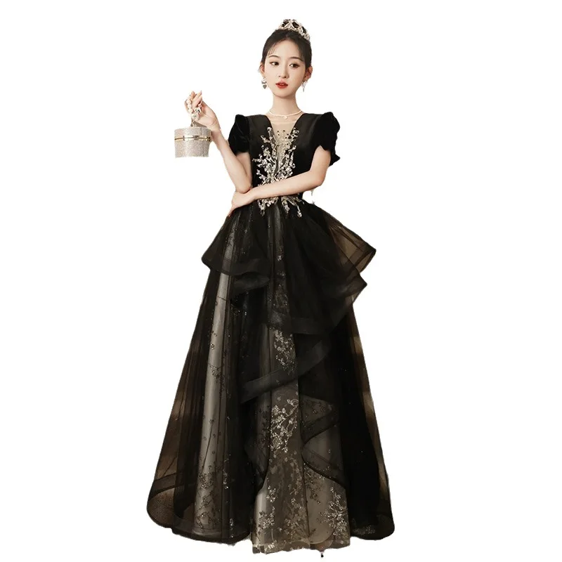 Abito da sera nero per donna Esame d'arte Host Banchetto Temperamento di fascia alta Interesse speciale Abbigliamento autunnale da socialite di lusso leggero