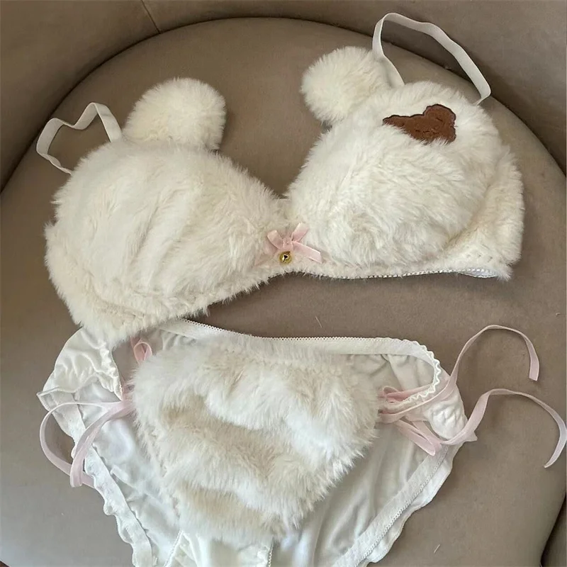 Japanese Lingerie Wire Free Cute Soft Underwear Autumn Winter Plush Comfortable Bra Panty Set Kawaii Bear Heart Animal Pink Bra