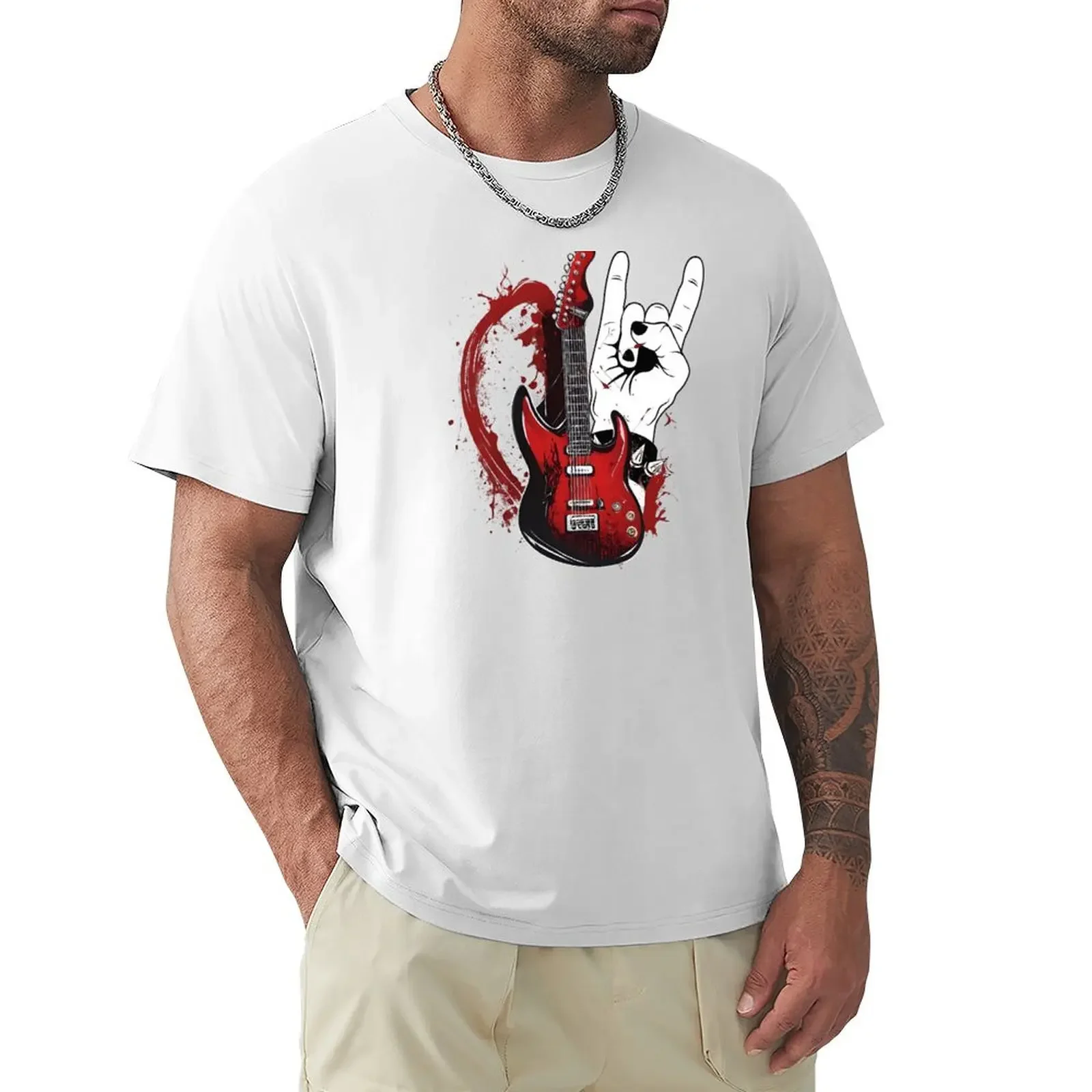 Electric Guitar and Rocker Hand Gesture Art T-Shirt aesthetic clothes tees shirts graphic vintage t shirt men