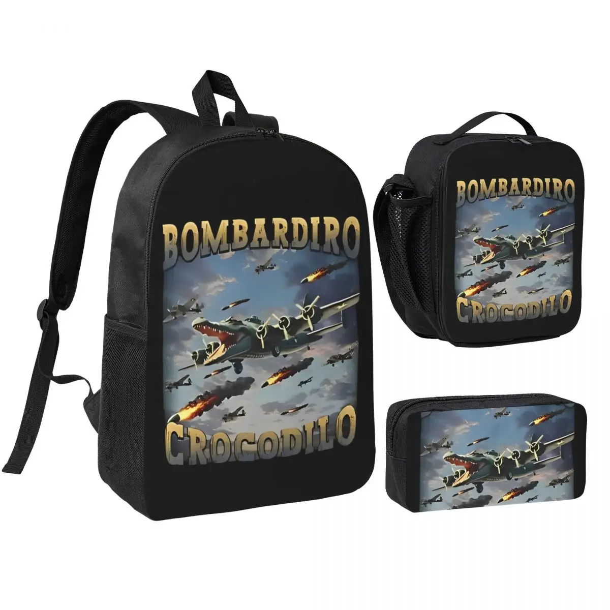 

3pecs/set Bombardiro Crocodilo Humor Backpack for Student Back To School Italian Brainrot College Daypack Lunch bag Pencil Case