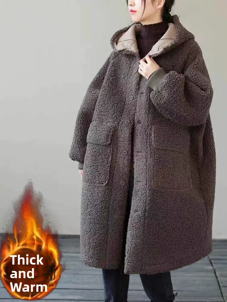 

Утепленное хлопковое пальто средней длины с капюшоном и длинными рукавами, с отделкой из овечьей шерсти, в корейском стиле, больших размеров, свободного кроя, зимняя одежда.