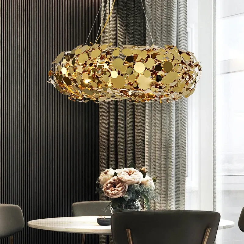 

Nordic Led Light Luxury Restaurant Bedroom for Postmodern Stainless Steel Design Golden Clothing Store Cafe Decorative Hanging
