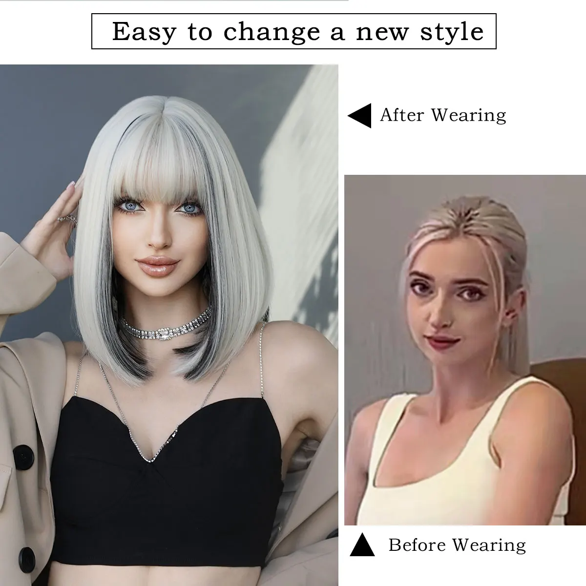 7JHHWIGS krótki prosto Bob peruka, krótkie blond Bob peruka, proste Platinum blond Bob peruka z grzywką dla kobiet na co dzień na imprezę Cosplay