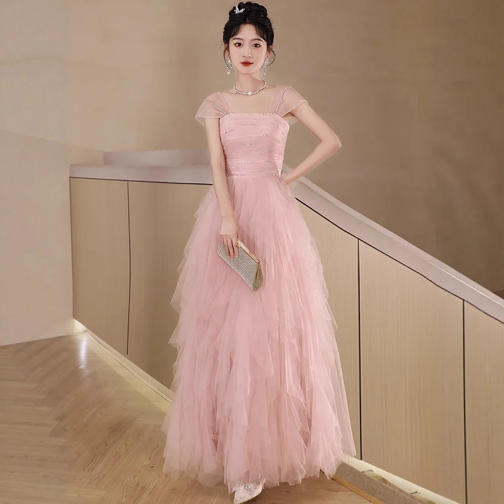 

Легкое роскошное банкетное вечернее платье, женские розовые тюлевые платья с квадратным вырезом для выпускного вечера, элегантные многоуровневые вечерние платья с короткими рукавами