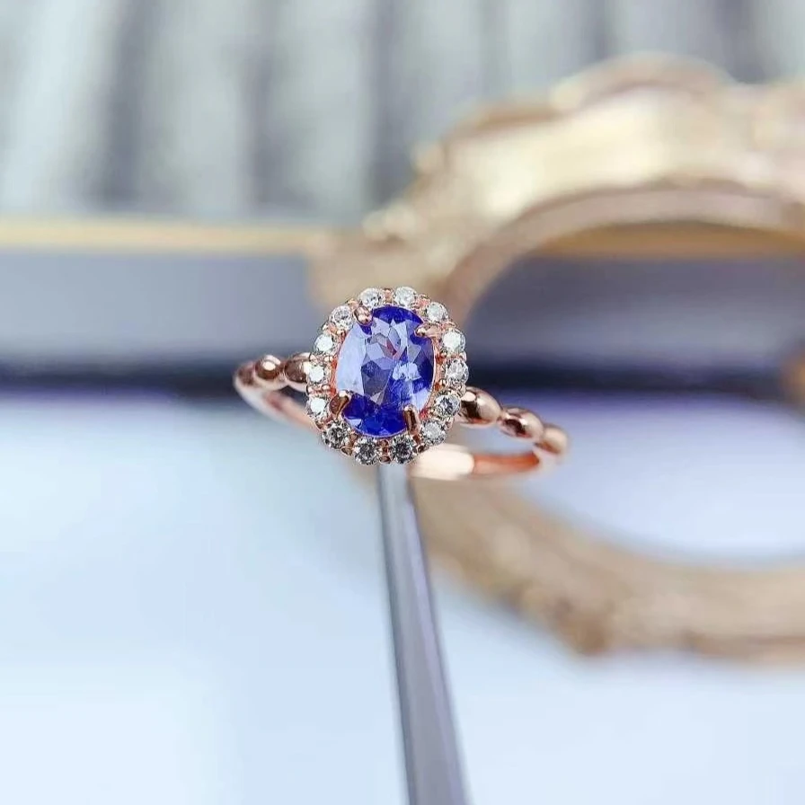 Natural Tanzanite Ring for Engagement 5mm*7mm 0.7ct Tanzanite 925 Silver Ring Birthday Gift for Girl Friend